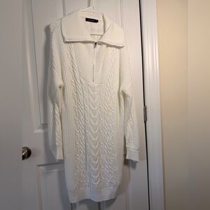 Elegant White Cable Knit Turtleneck Sweater dress